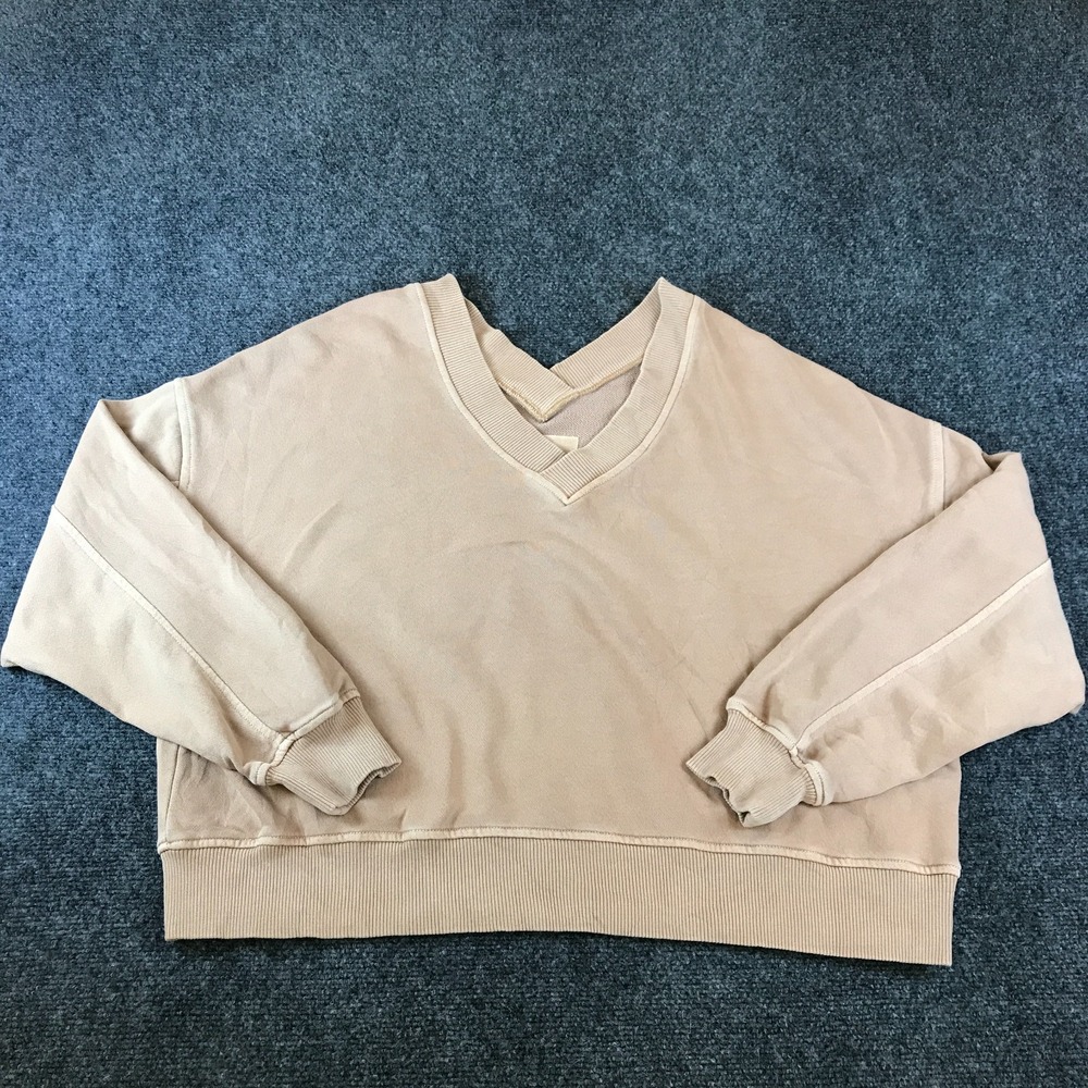 Aerie Crop Sweatshirt Womens Medium Beige Cotton Ribbed V-Neck Pullover Outdoor